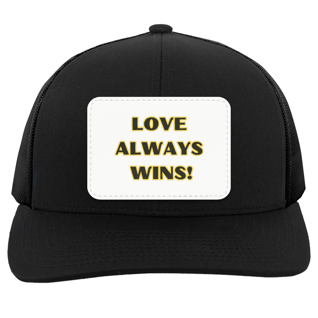 Black Love Always Wins Trucker Hat - Black Text Outlined in Yellow