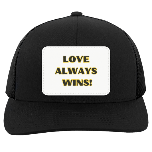 Black Love Always Wins Trucker Hat - Black Text Outlined in Yellow