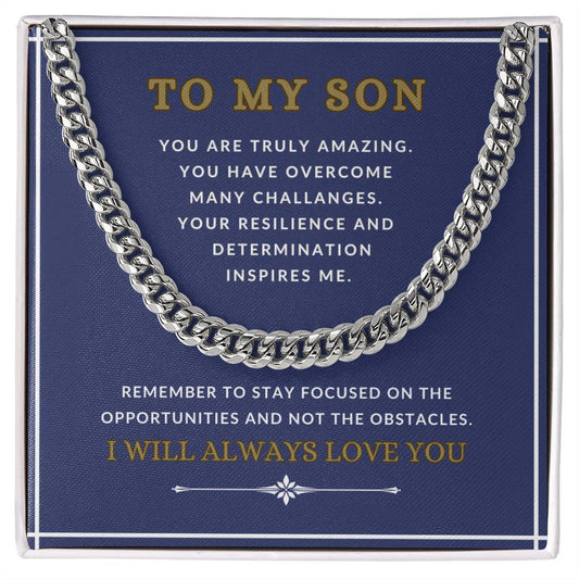 To My Son Cuban Link (blue, gold & white message card)